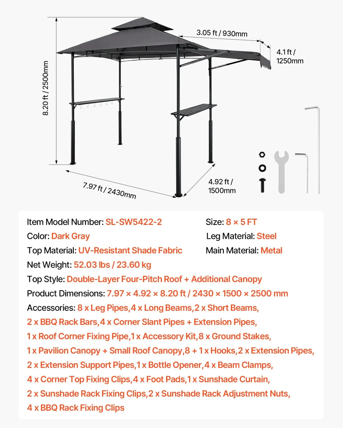 8'x5' Reinforced BBQ Grill Gazebo Canopy with Shelf & Awning Double-Tiered Top - View 6