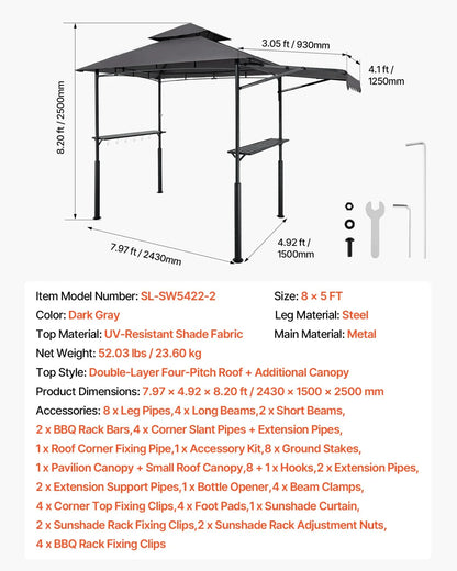 8'x5' Reinforced BBQ Grill Gazebo Canopy with Shelf & Awning Double-Tiered Top - View 6