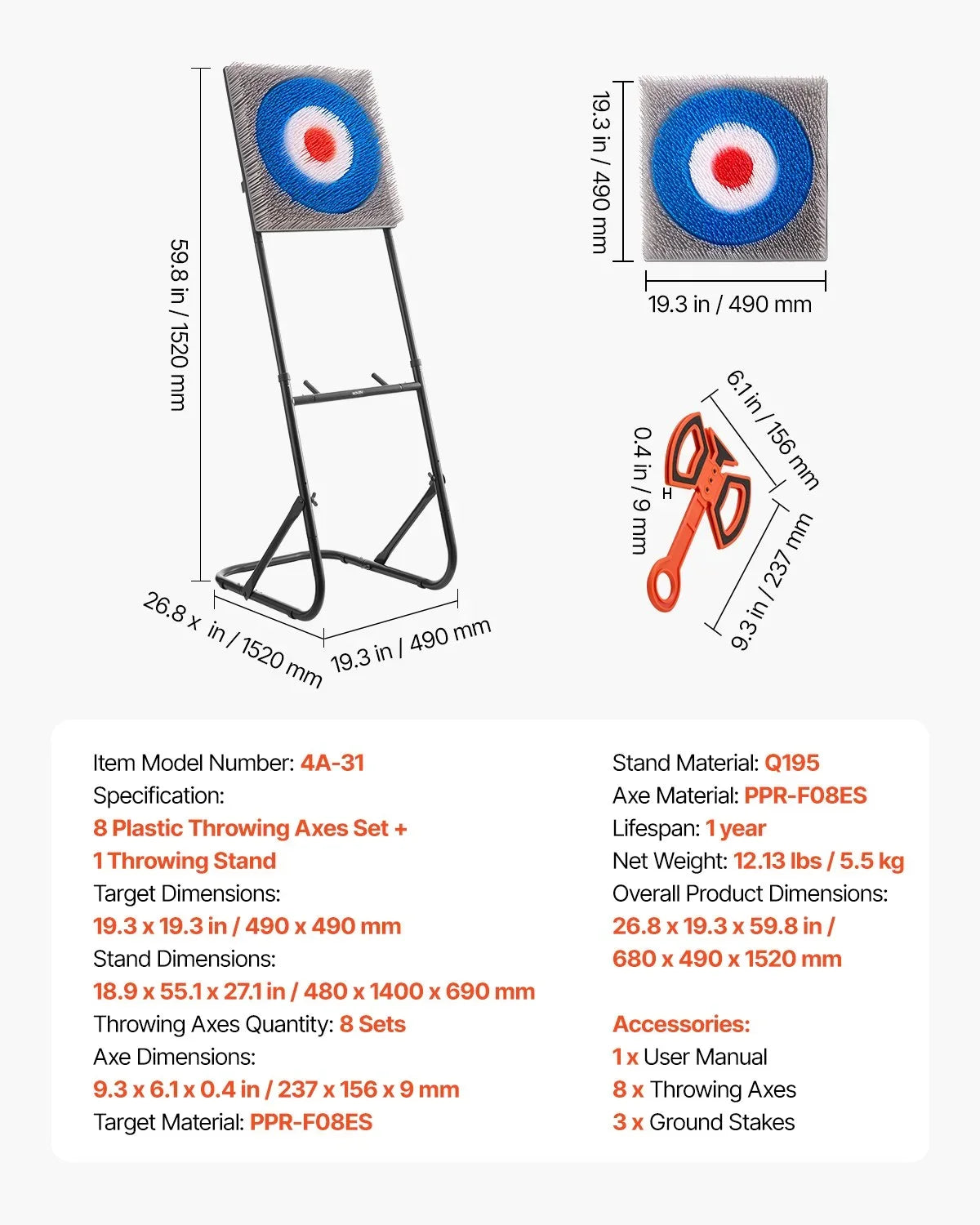 Axe Throwing Game Plastic Bristle Target with 8 Throwing Axes Set Steel Frame - View 6