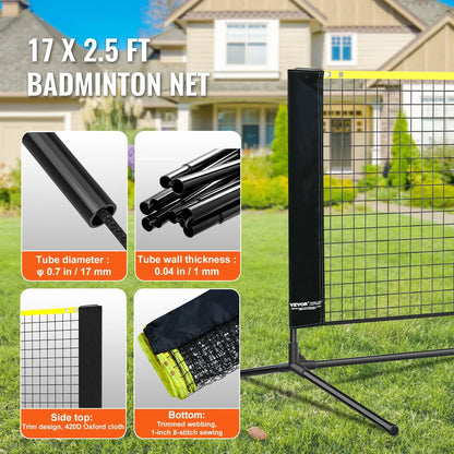 Badminton Net, Height Adjustable Volleyball Net, 17ft Wide Foldable Pickleball Net, Portable Easy Setup Tennis Net Set with Poles, Stand and Carry Bag, for Kids Backyard Game Indoor Outdoor Use - View 5