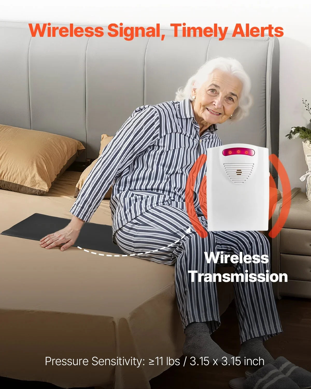 Bed Alarm System for Elderly Adults 14" x 30" Wireless Bed Sensor Pad with Pager