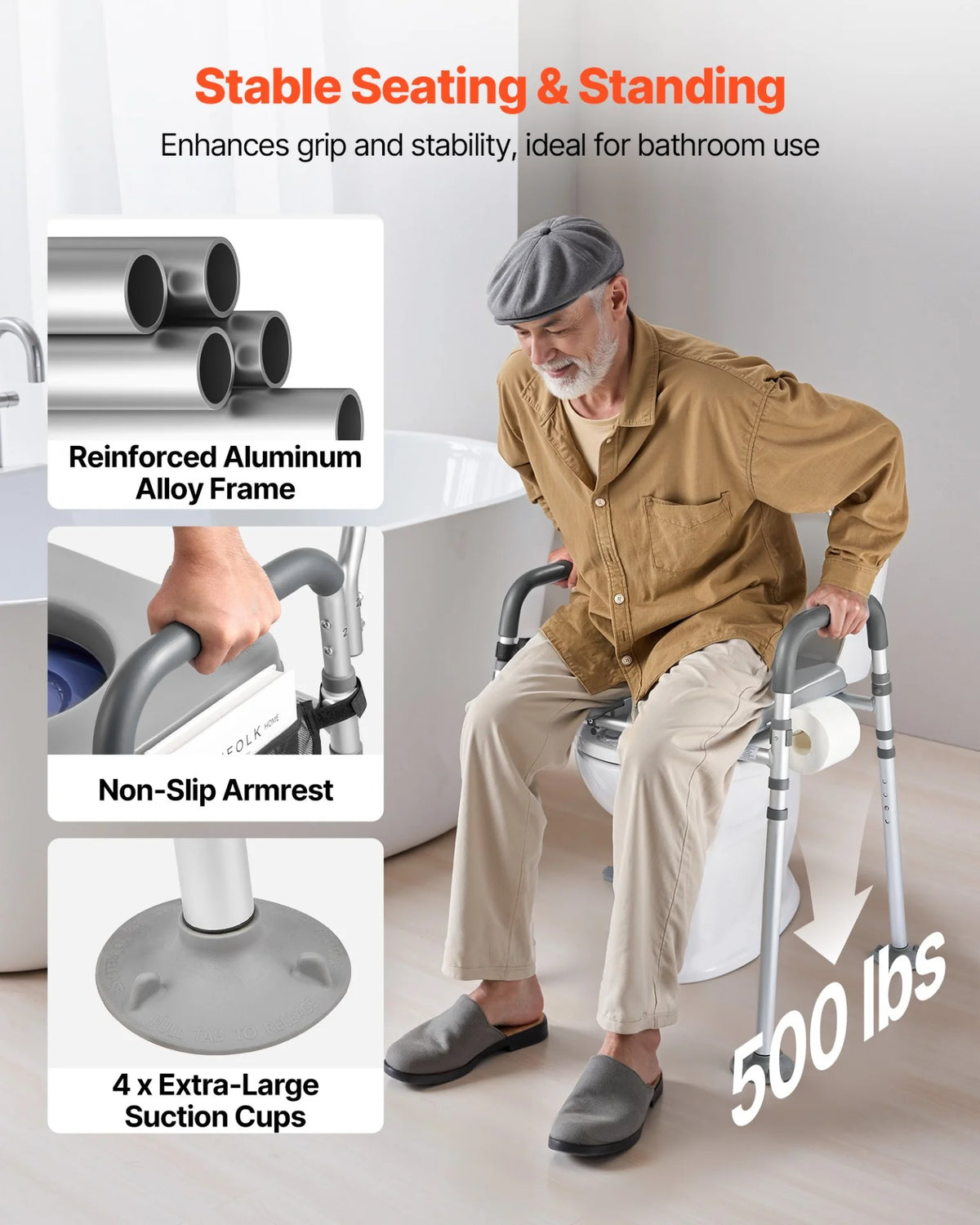 Bedside Commode Chair 4-in-1 Raised Toilet Seat Adjustable Height 500 lbs
