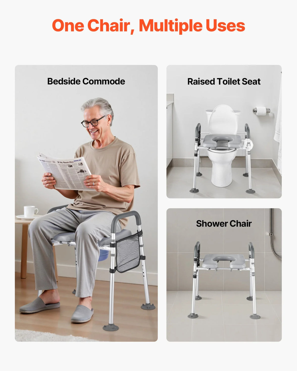 Bedside Commode Chair 4-in-1 Raised Toilet Seat Adjustable Height 500 lbs - View 6