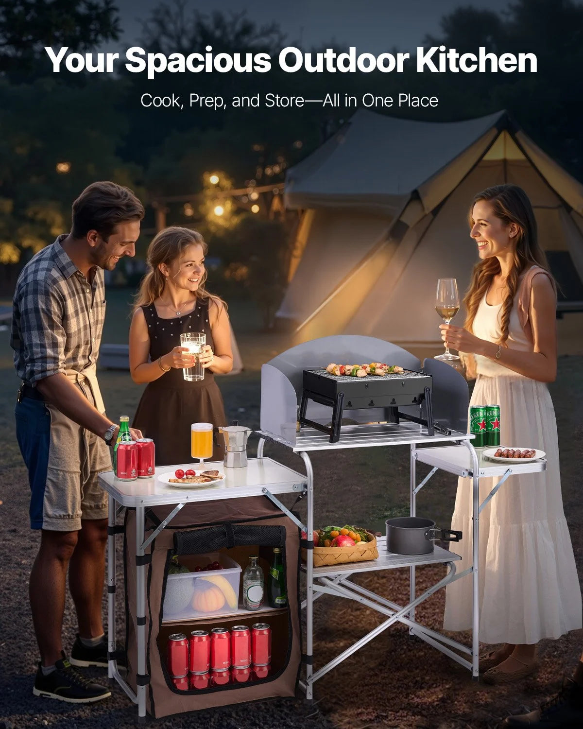 Camping Kitchen Table Picnic Cabinet Folding Cooking Storage Rack Portable Brown - View 11