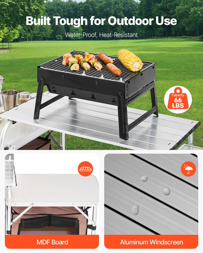 Camping Kitchen Table Picnic Cabinet Folding Cooking Storage Rack Portable Brown - View 12