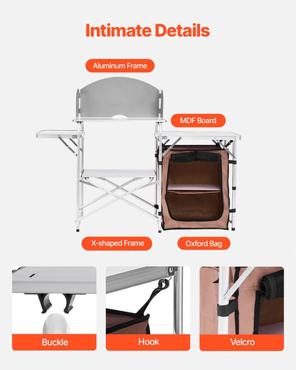 Camping Kitchen Table Picnic Cabinet Folding Cooking Storage Rack Portable Brown - View 13