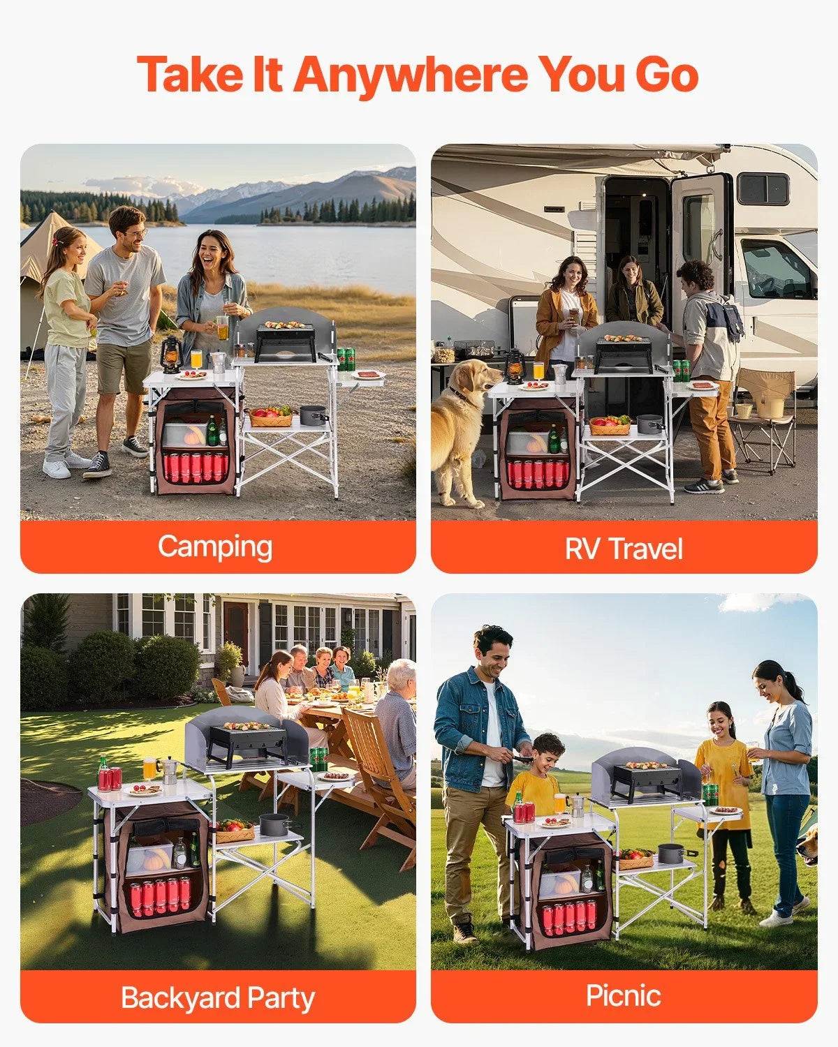Camping Kitchen Table Picnic Cabinet Folding Cooking Storage Rack Portable Brown - View 16