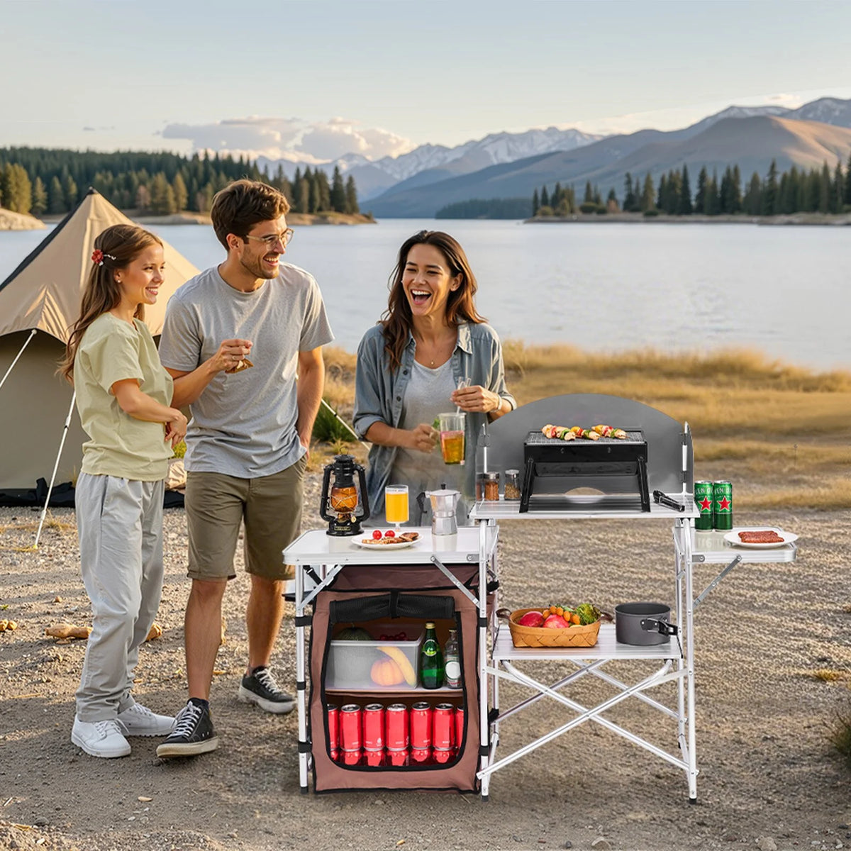 Camping Kitchen Table Picnic Cabinet Folding Cooking Storage Rack Portable Brown - View 17
