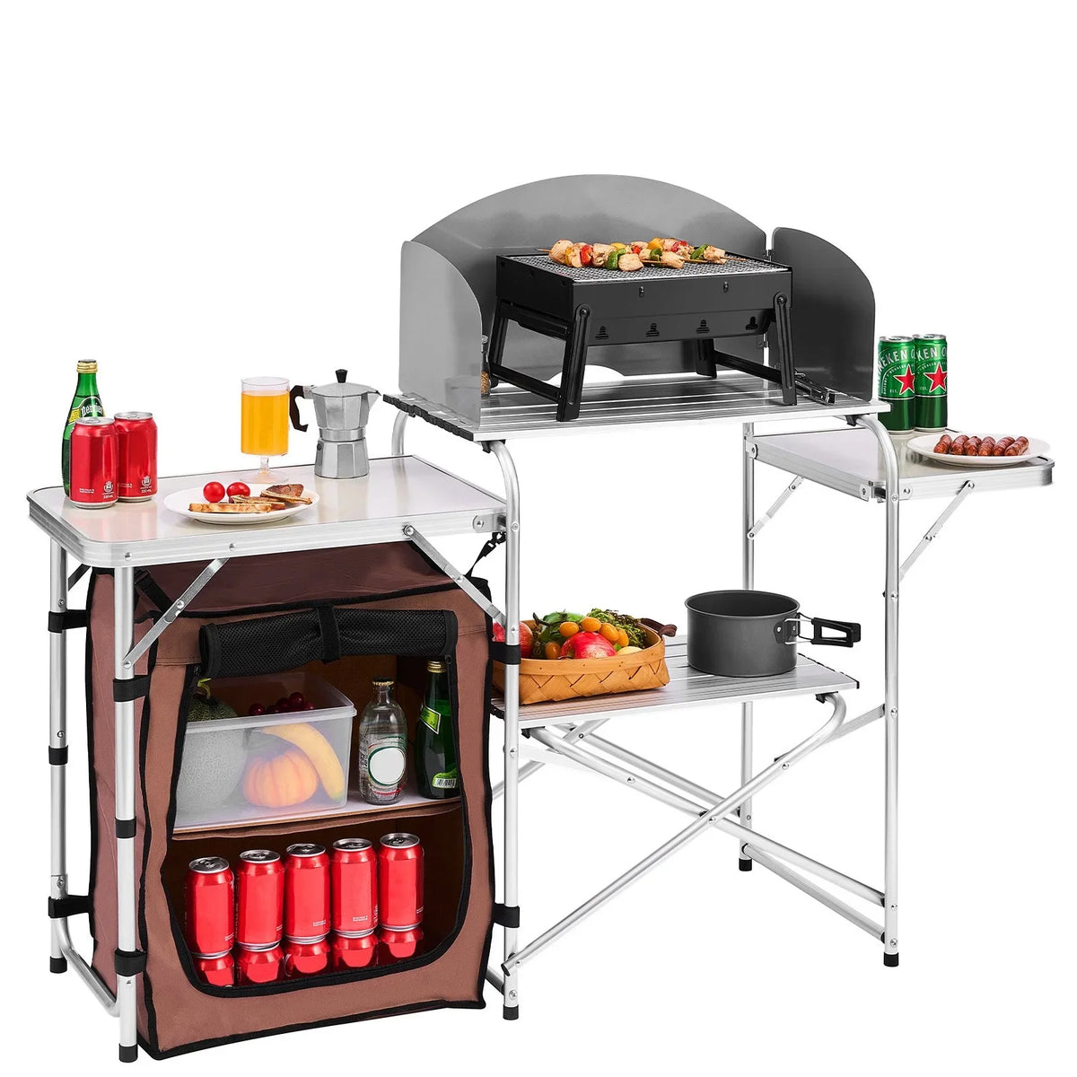 Camping Kitchen Table Picnic Cabinet Folding Cooking Storage Rack Portable Brown - View 18