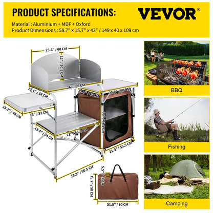 Camping Kitchen Table Picnic Cabinet Folding Cooking Storage Rack Portable Brown - View 4
