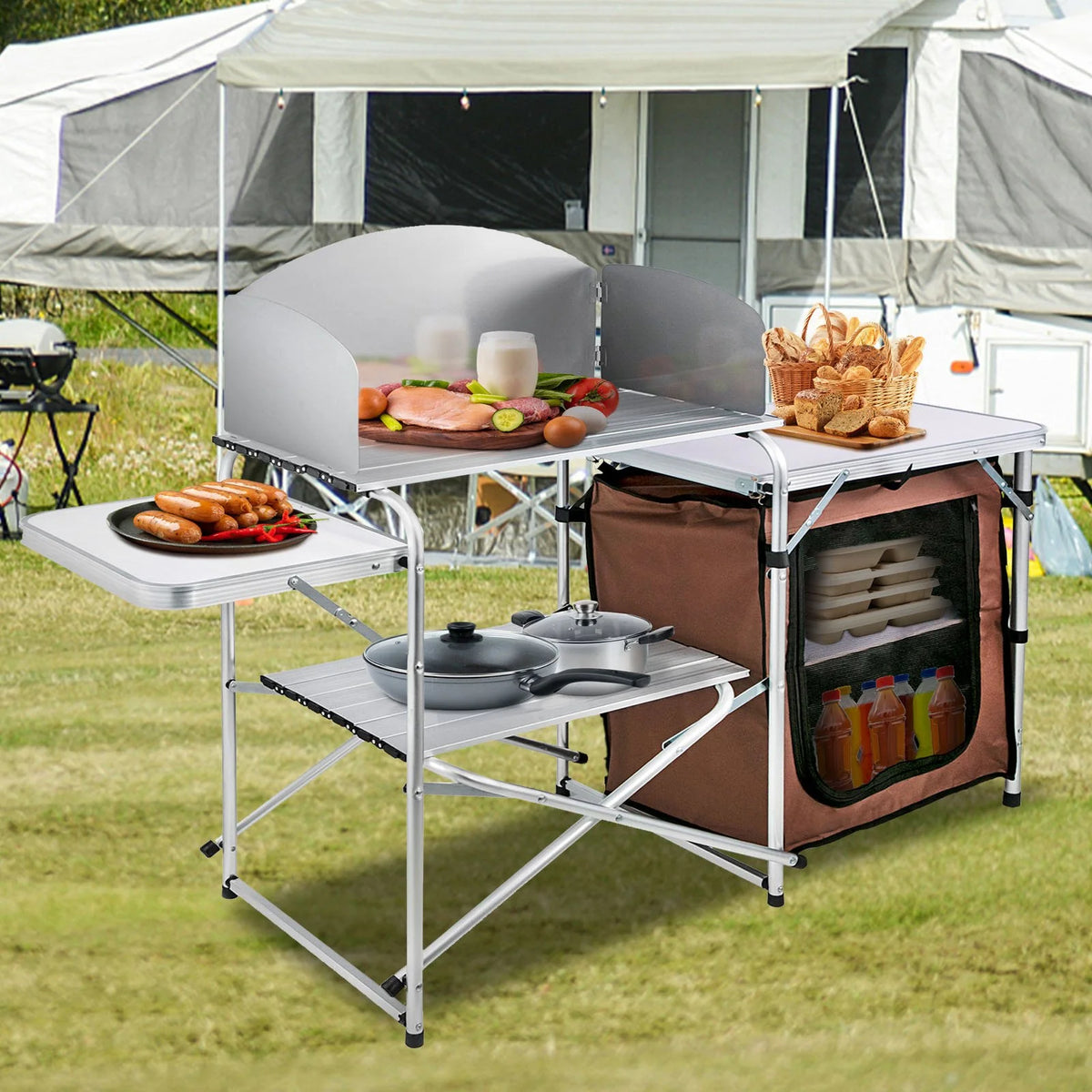 Camping Kitchen Table Picnic Cabinet Folding Cooking Storage Rack Portable Brown - View 5