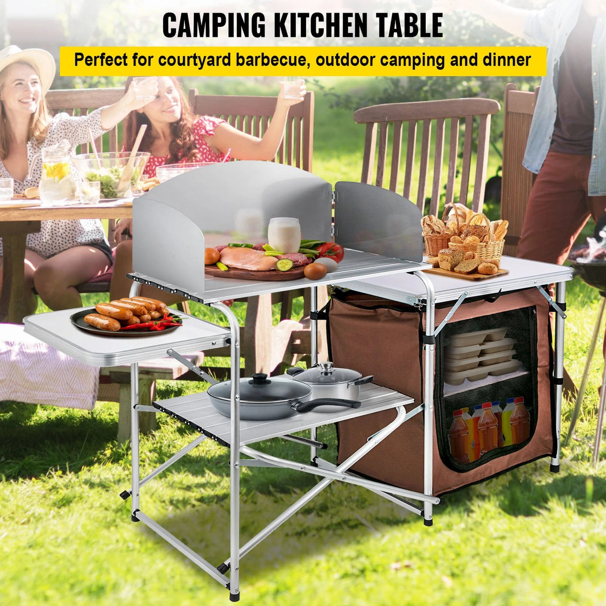 Camping Kitchen Table Picnic Cabinet Folding Cooking Storage Rack Portable Brown - View 8
