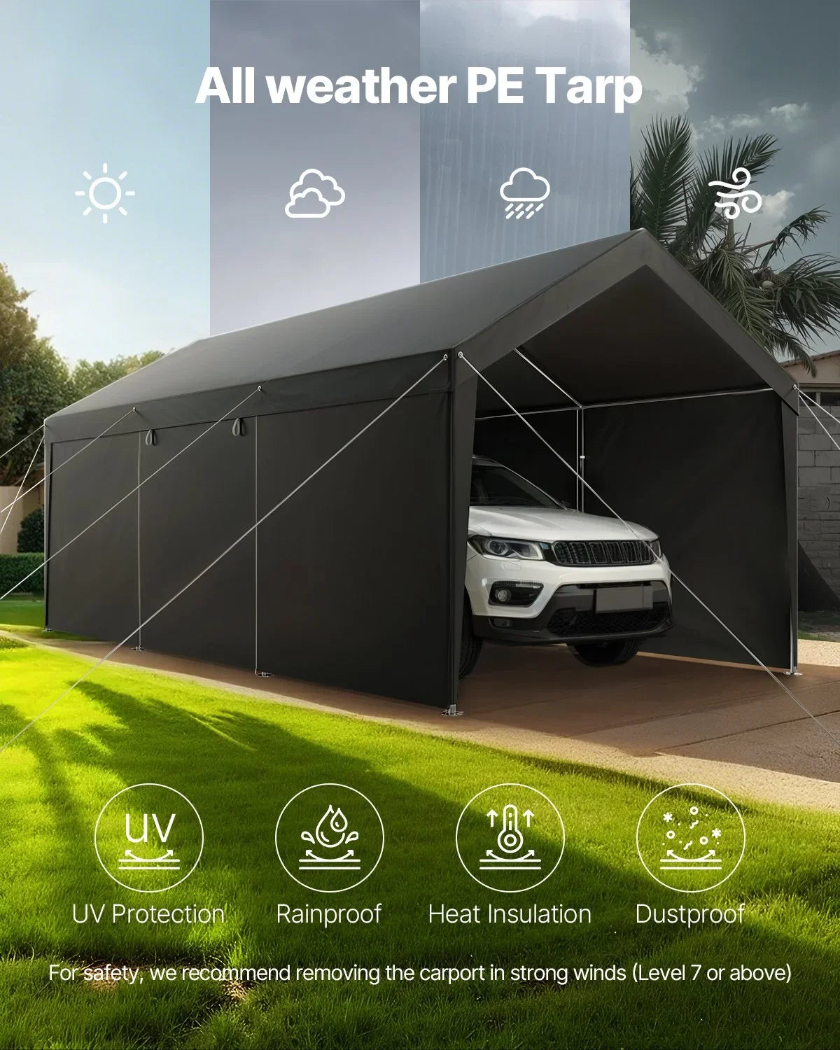 Carport Car Canopy 12x20FT Heavy Duty Outdoor Car Shelter with Sidewalls Grey - View 5