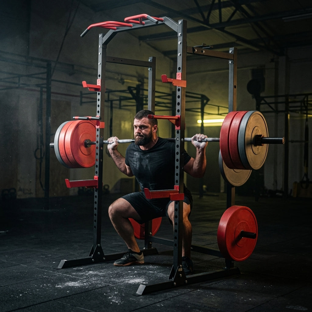 VEVOR Power Cage Power Rack, Multifunctional Barbell Squat Rack with Adjustable Height, Home Gym Strength Training Workout Equipment with J-Hooks & More Fitness Attachment for Bench Press Pull-Up Dips