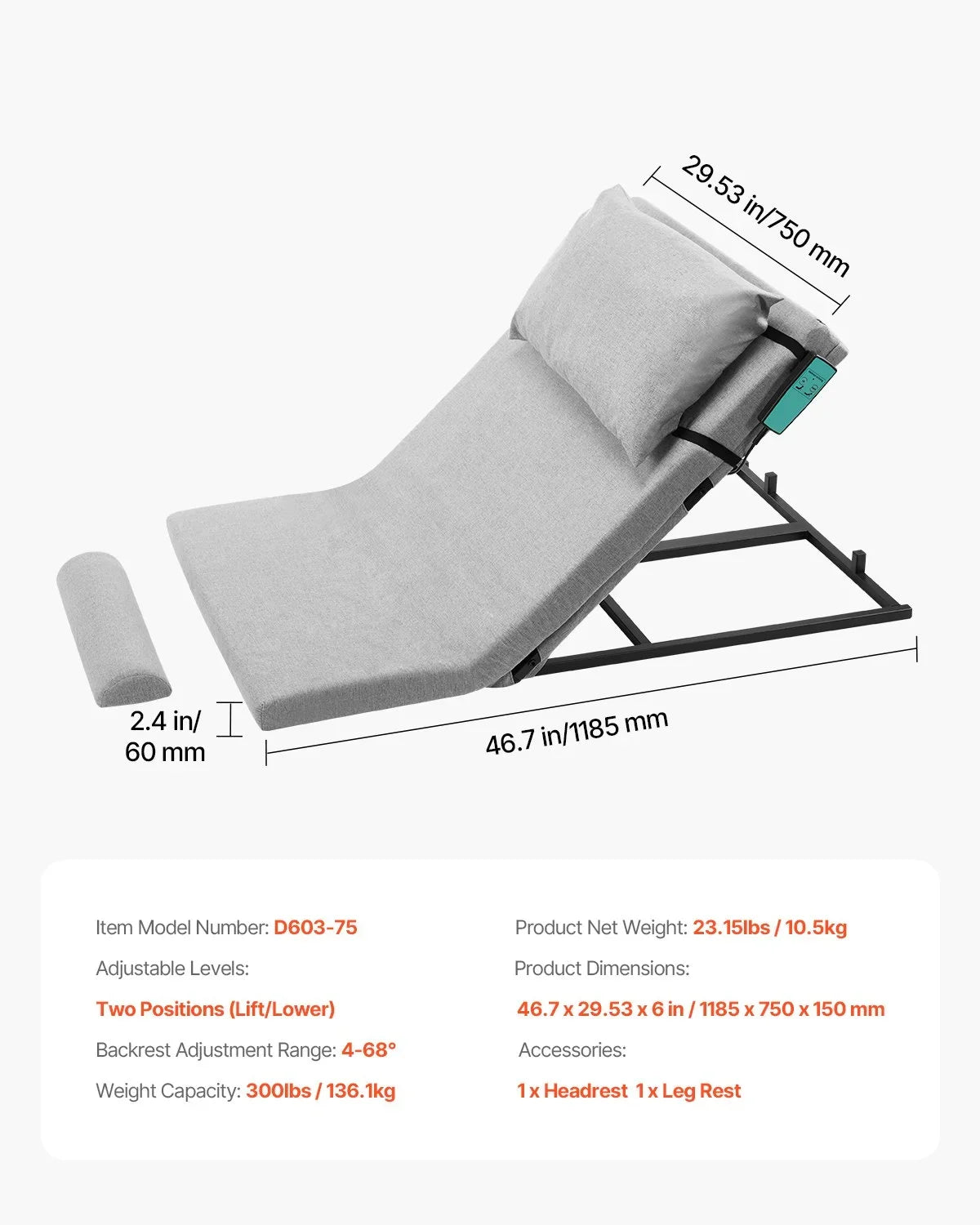 Electric Lifting Backrest 300 lbs 4-68° Adjustable Lifting Bed Backrest - View 8
