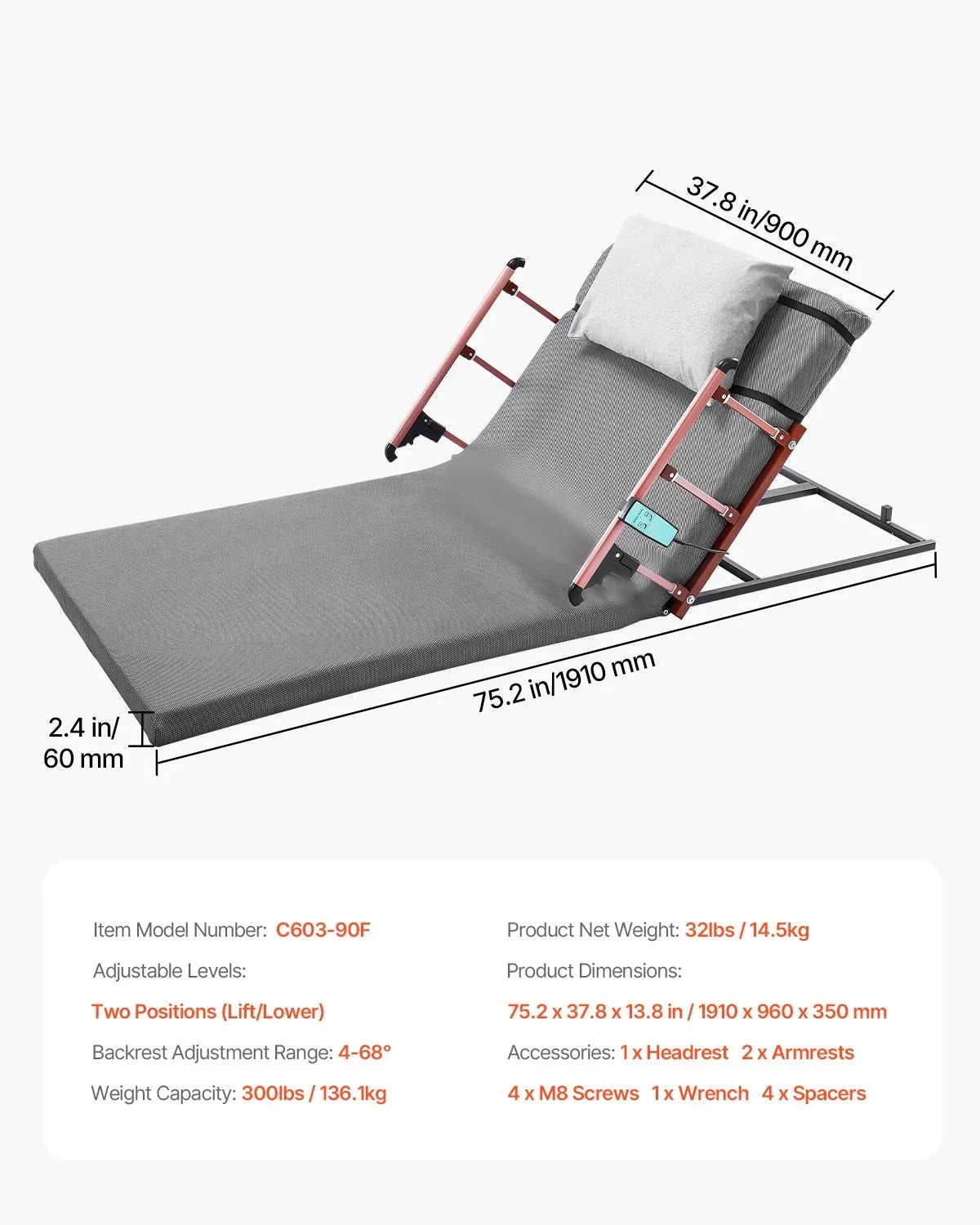 Electric Lifting Backrest 300 lbs 4-68° Adjustable with Folable Guardrail - View 6