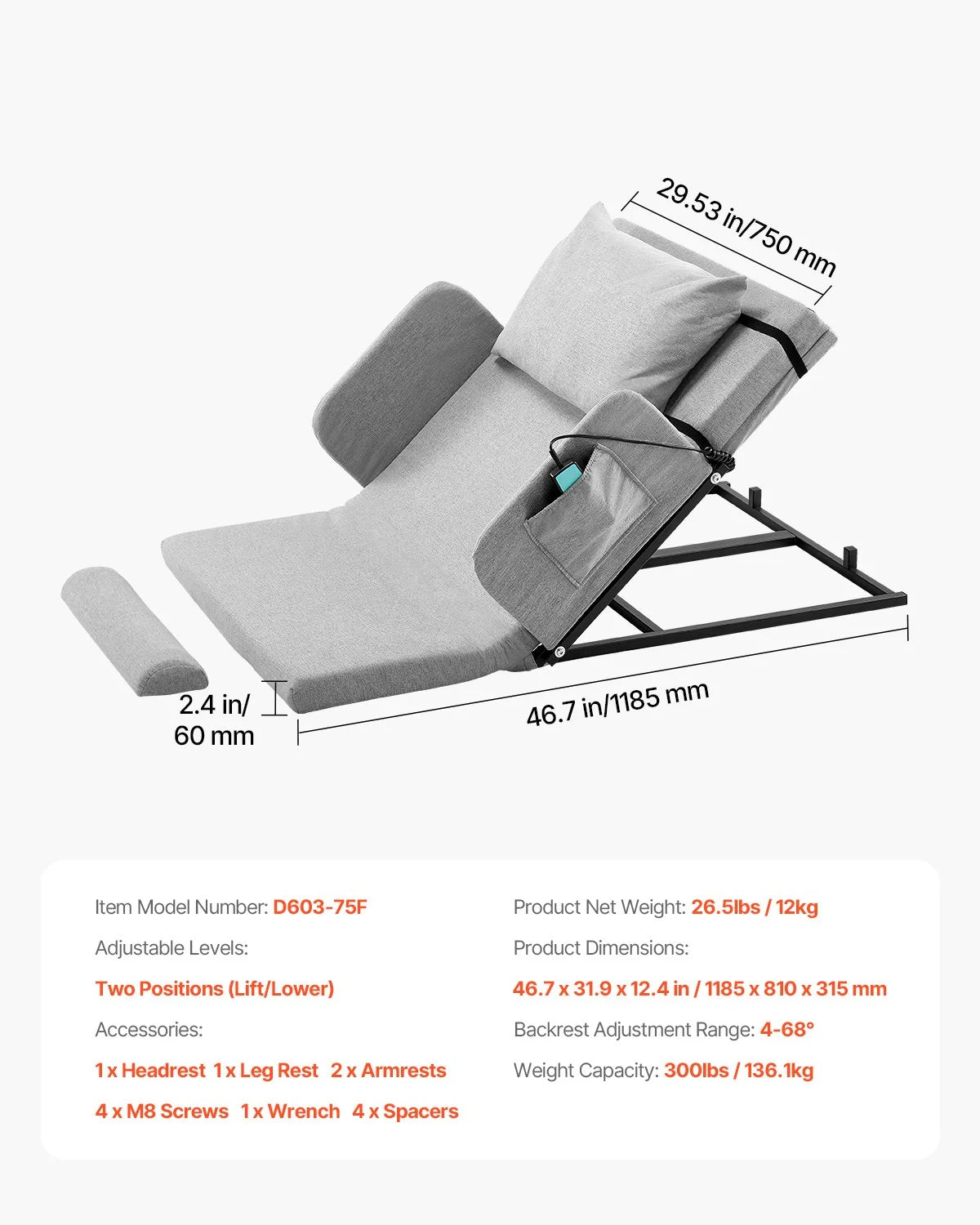Electric Lifting Backrest 300 lbs 4-68° Adjustable with Guardrail & Pouch - View 6