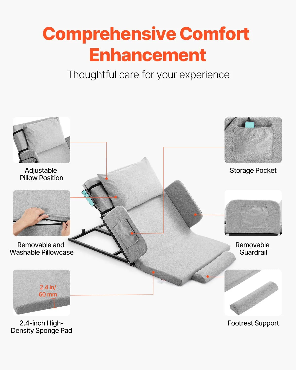 Electric Lifting Backrest 300 lbs 4-68° Adjustable with Guardrail & Pouch - View 2