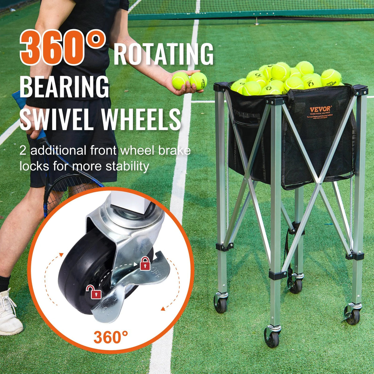 Foldable Tennis Ball Hopper, Holds 150 Tennis Balls, Lightweight Aluminum Alloy Tennis Ball Basket Cart with Wheels, Removable Bag, Carry Bag, Portable Sports Teaching Cart for Tennis Player - View 2