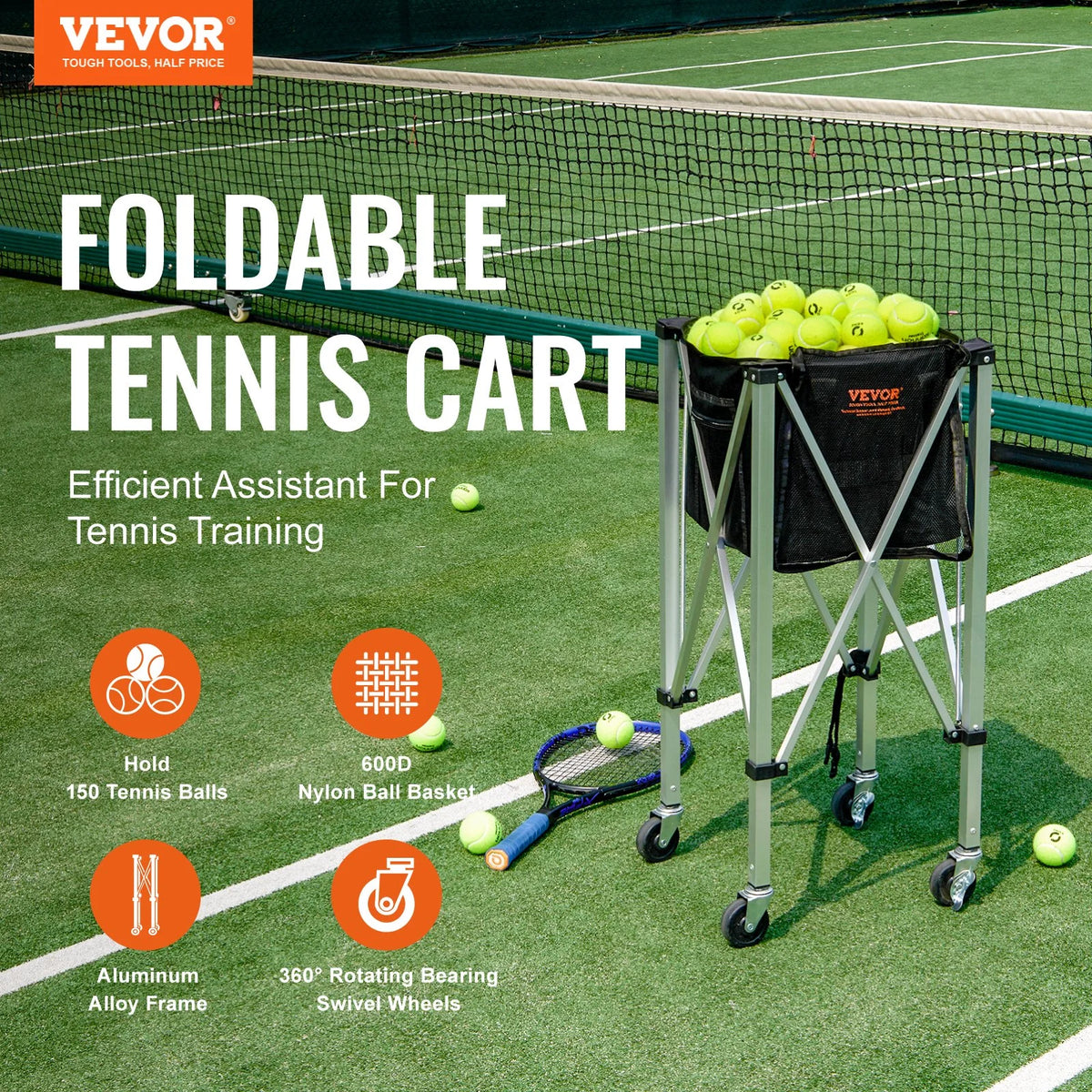 Foldable Tennis Ball Hopper, Holds 150 Tennis Balls, Lightweight Aluminum Alloy Tennis Ball Basket Cart with Wheels, Removable Bag, Carry Bag, Portable Sports Teaching Cart for Tennis Player - View 3