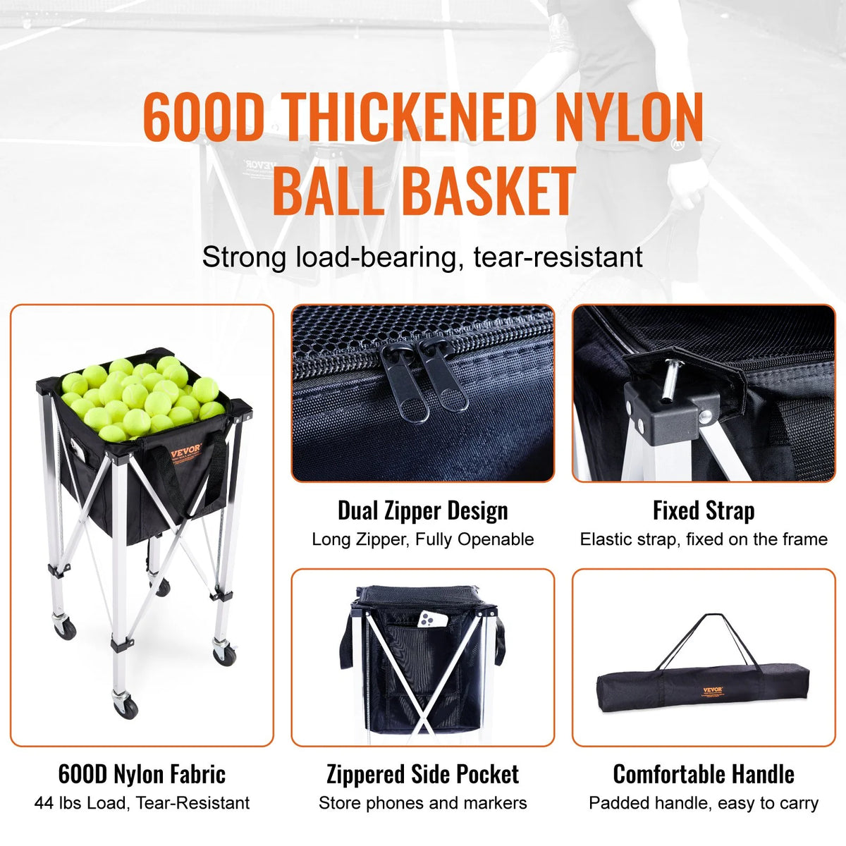 Foldable Tennis Ball Hopper, Holds 150 Tennis Balls, Lightweight Aluminum Alloy Tennis Ball Basket Cart with Wheels, Removable Bag, Carry Bag, Portable Sports Teaching Cart for Tennis Player - View 4