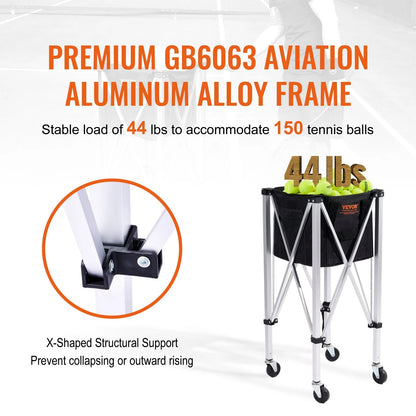 Foldable Tennis Ball Hopper, Holds 150 Tennis Balls, Lightweight Aluminum Alloy Tennis Ball Basket Cart with Wheels, Removable Bag, Carry Bag, Portable Sports Teaching Cart for Tennis Player - View 5