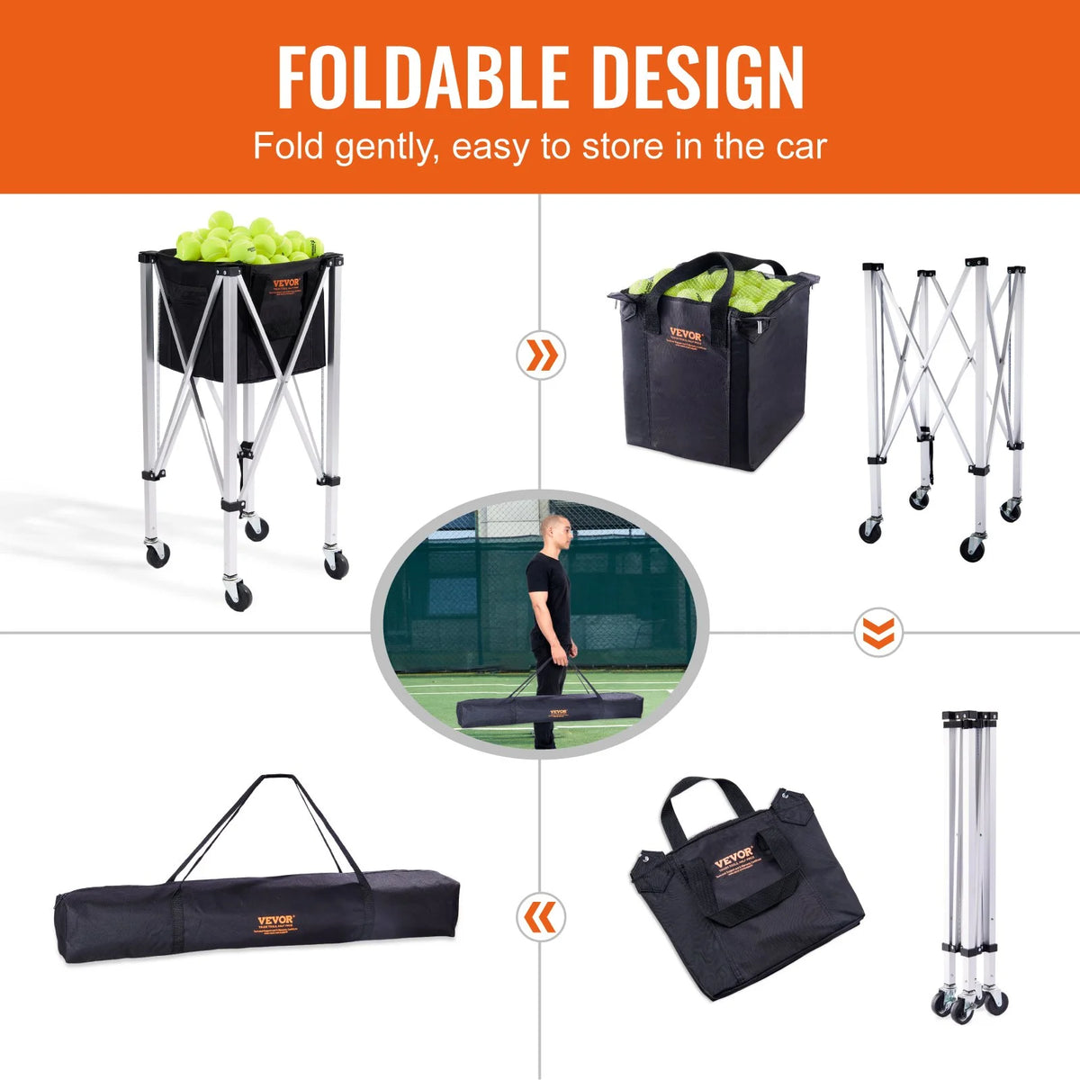 Foldable Tennis Ball Hopper, Holds 150 Tennis Balls, Lightweight Aluminum Alloy Tennis Ball Basket Cart with Wheels, Removable Bag, Carry Bag, Portable Sports Teaching Cart for Tennis Player - View 6