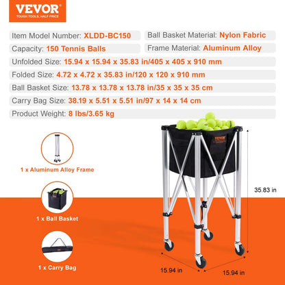 Foldable Tennis Ball Hopper, Holds 150 Tennis Balls, Lightweight Aluminum Alloy Tennis Ball Basket Cart with Wheels, Removable Bag, Carry Bag, Portable Sports Teaching Cart for Tennis Player - View 7