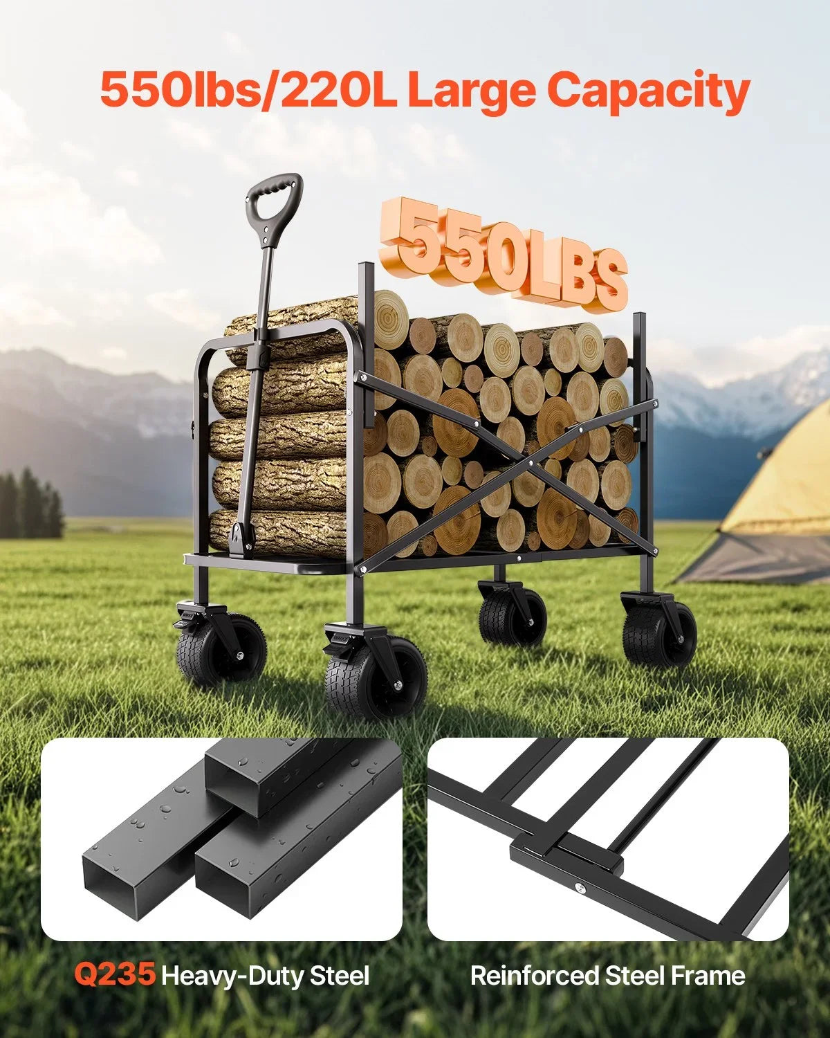 Foldable Wagon Cart Converts to Bench 550lb Load & 220L Utility Wagon for Camp - View 2
