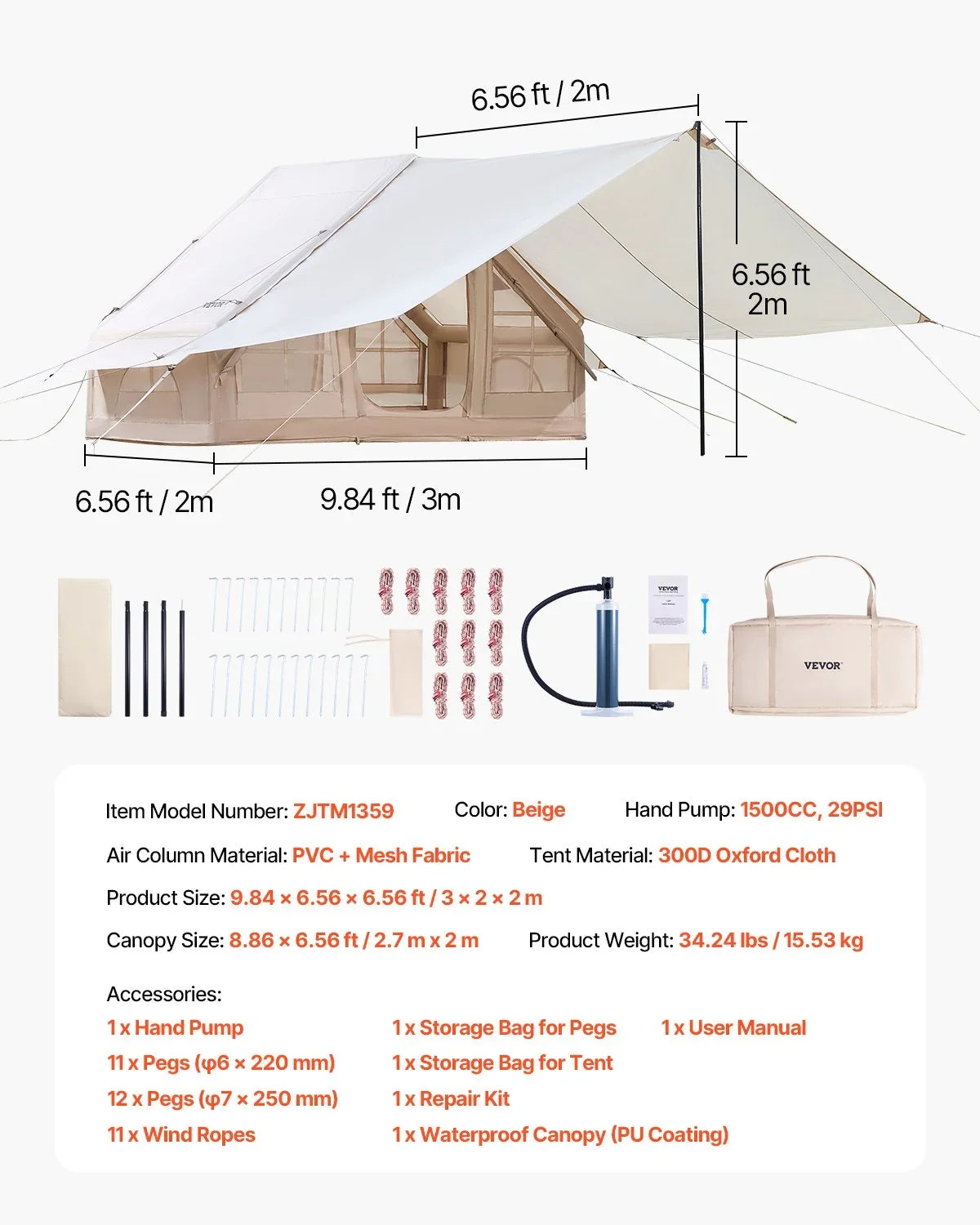 Inflatable Tent for Camping 3-5 Person Glamping Tent with Pump Canopy - View 7