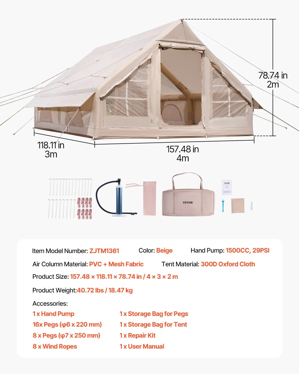Inflatable Tent for Camping 5-8 Person Glamping Tent with Pump Easy Set up - View 7