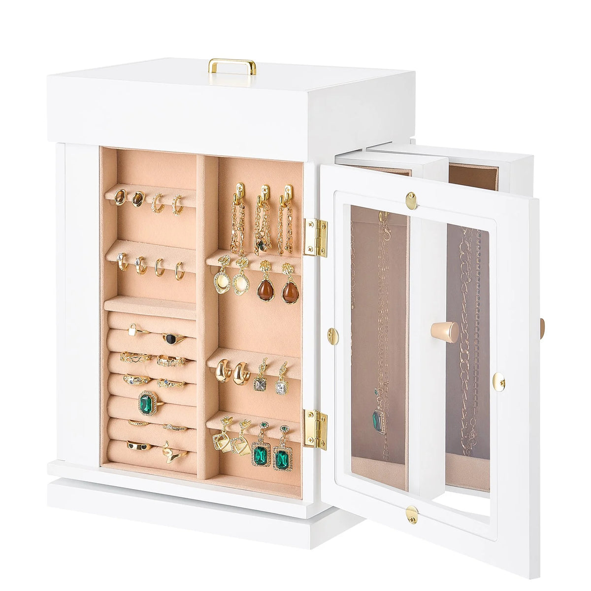 Jewelry Box 360° Rotating Jewelry Organizer with Built-in 4 Necklace Hooks White - View 10