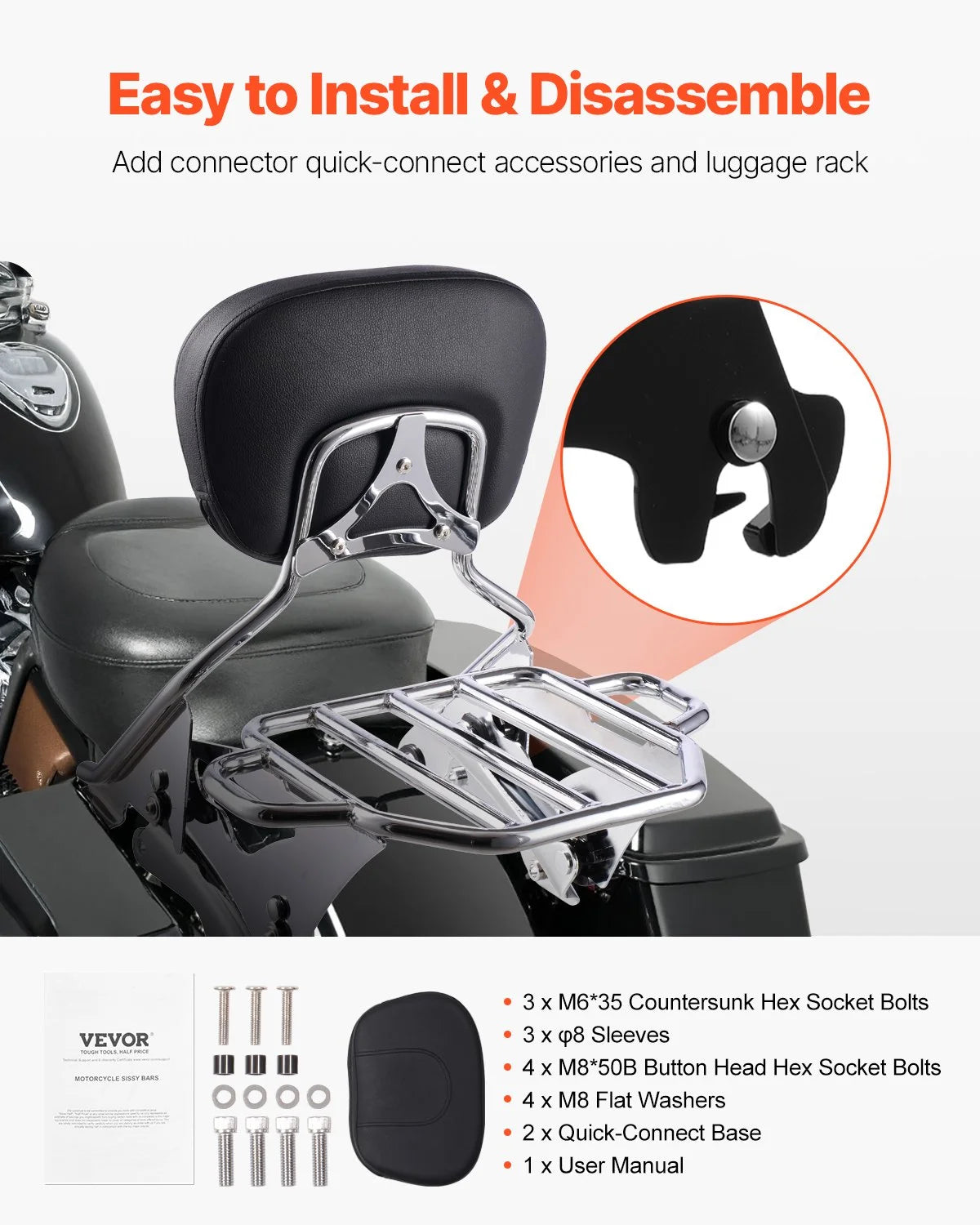 Motorcycle Backrest Sissy Bar with Luggage Rack, Compatible with Harley-Davidson Touring Models, Street Glide, Road Glide, and Road King, Detachable Passenger Backrest for Motorcycles - View 4