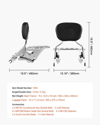 Motorcycle Backrest Sissy Bar with Luggage Rack, Compatible with Harley-Davidson Touring Models, Street Glide, Road Glide, and Road King, Detachable Passenger Backrest for Motorcycles - View 6