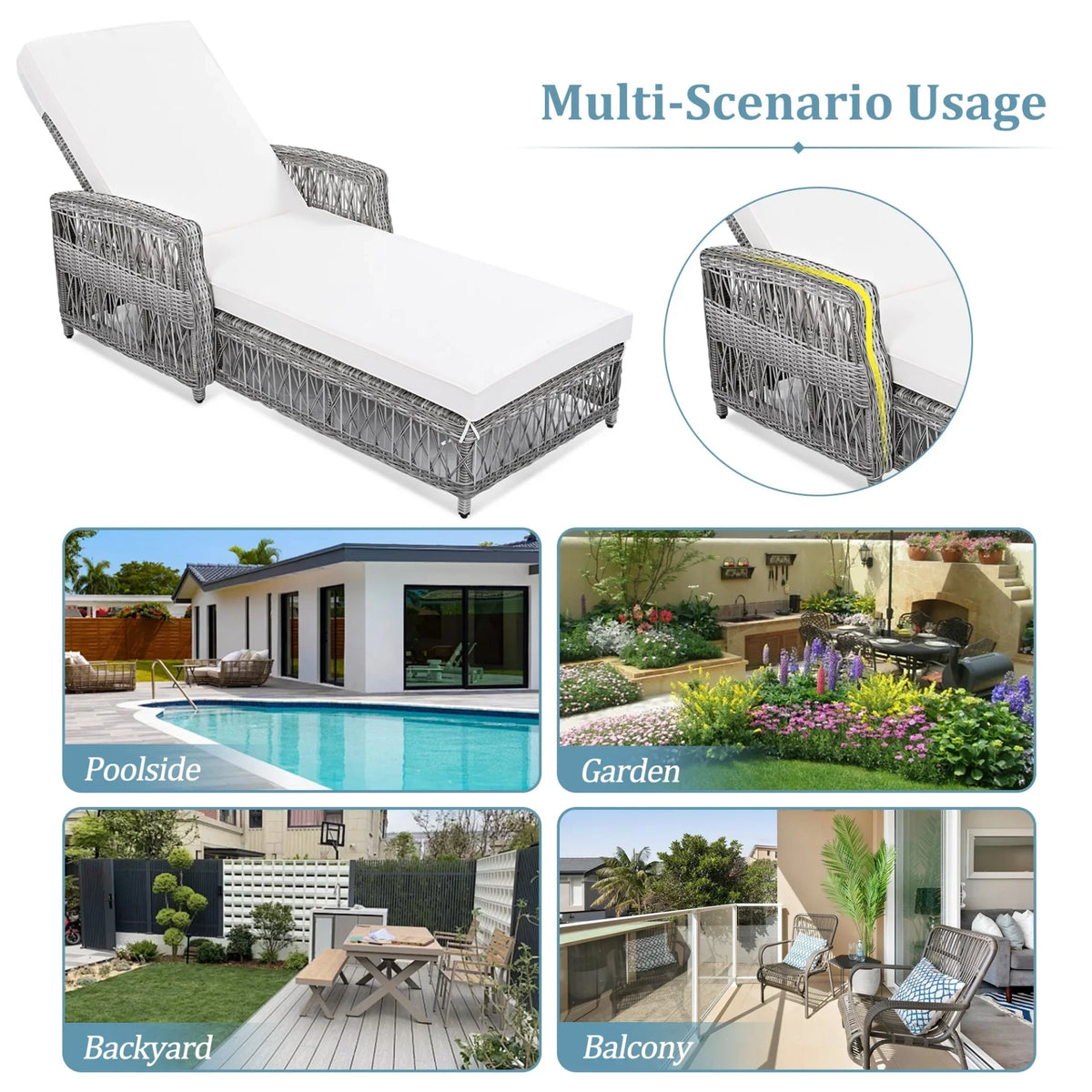 Outdoor Wicker Chaise Lounge – 72" Adjustable Reclining Patio Chair with Armrests & Cushions - View 7