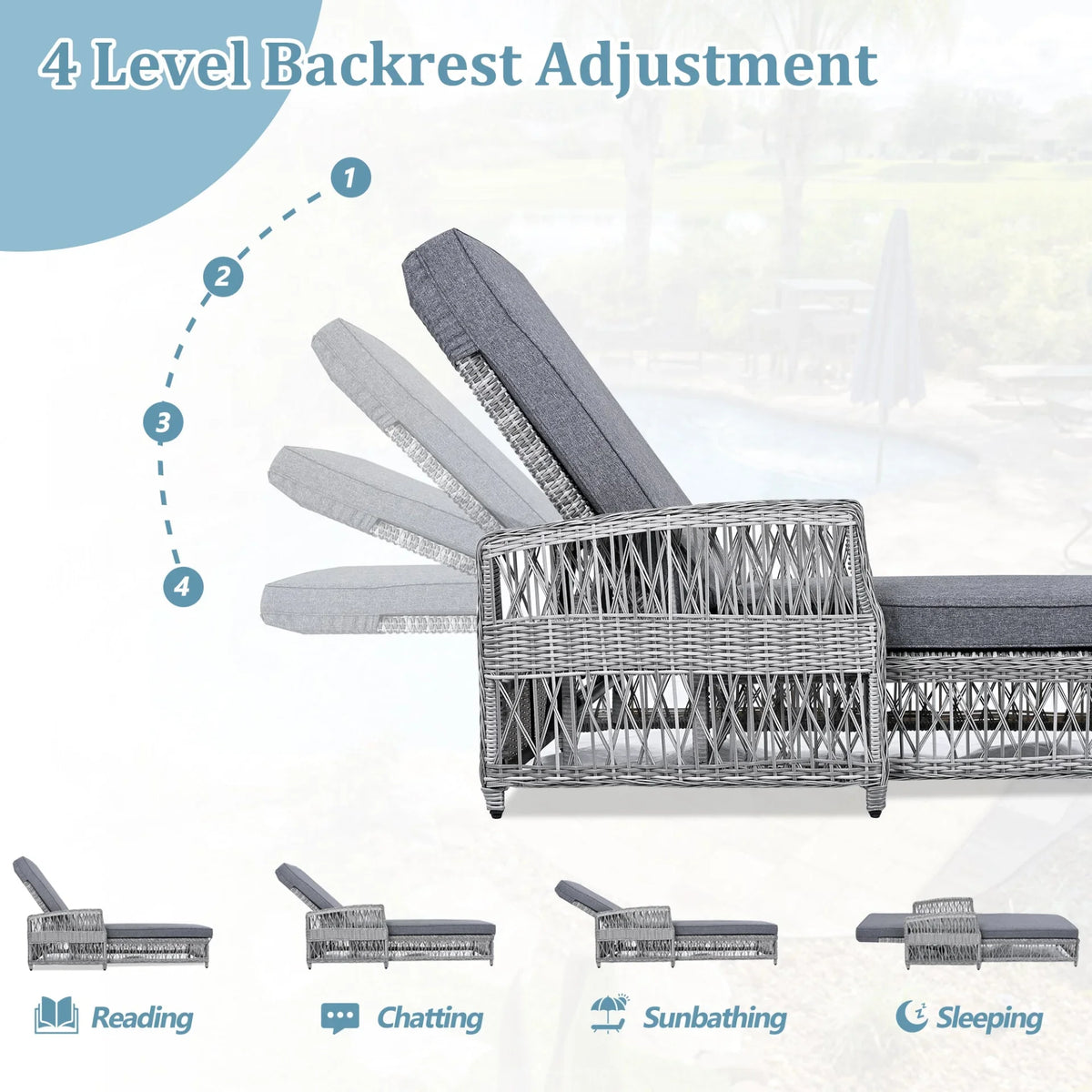 Outdoor Wicker Chaise Lounge – Adjustable Reclining Patio Chair with Armrests & Removable Cushions - View 14