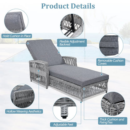 Outdoor Wicker Chaise Lounge – Adjustable Reclining Patio Chair with Armrests & Removable Cushions - View 15
