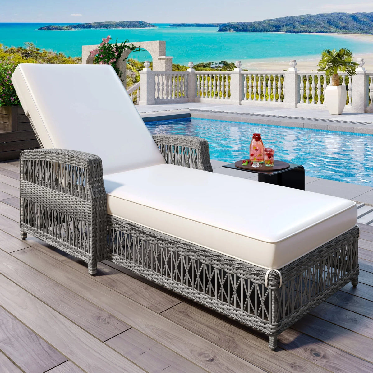 Outdoor Wicker Chaise Lounge – Adjustable Reclining Patio Chair with Armrests & Removable Cushions