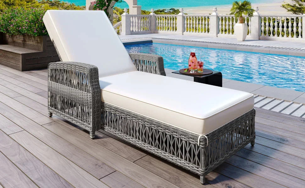 Outdoor Wicker Chaise Lounge – Adjustable Reclining Patio Chair with Armrests & Removable Cushions - View 2