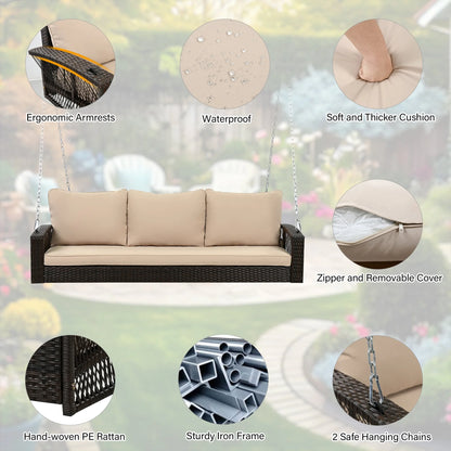 Outdoor Wicker Porch Swing – 69" 3-Person Patio Swing Bench with Cushions & Chains - View 17