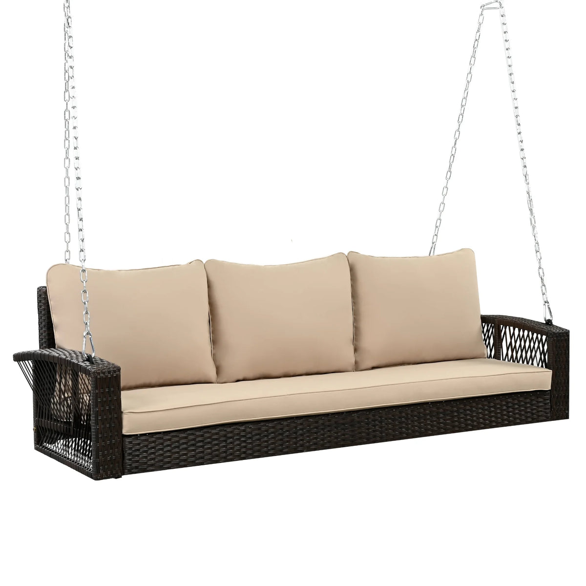 Outdoor Wicker Porch Swing – 69" 3-Person Patio Swing Bench with Cushions & Chains - View 22
