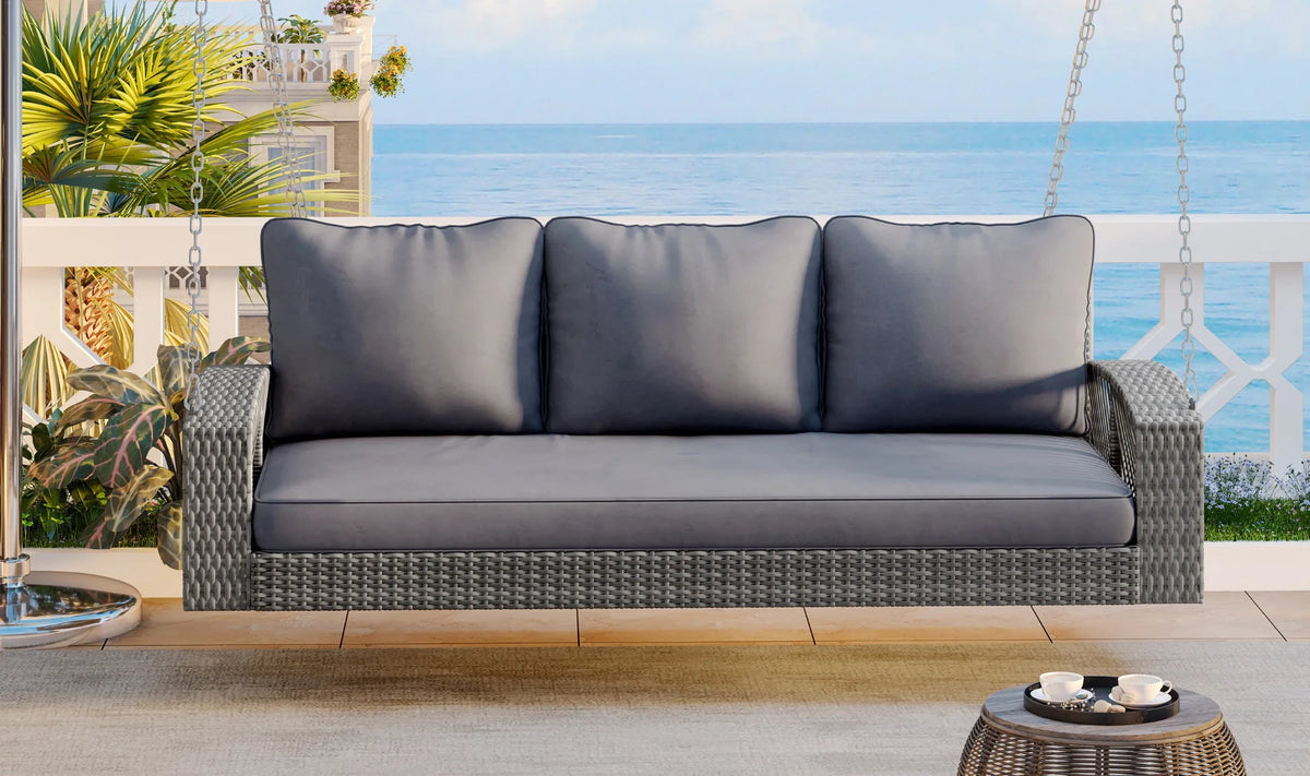 Outdoor Wicker Porch Swing – 69" 3-Person Patio Swing Bench with Cushions & Chains - View 8