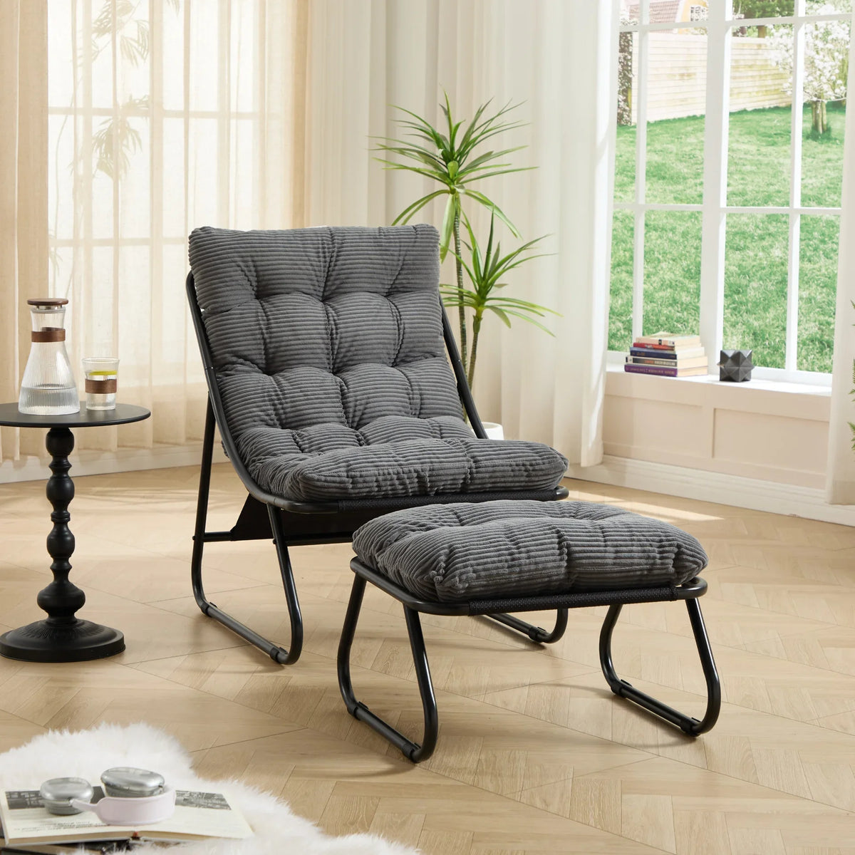Patio Outdoor Lounge Chair with Ottoman, Comfy Sling Recliner Chair with Puffy Cushion - View 10