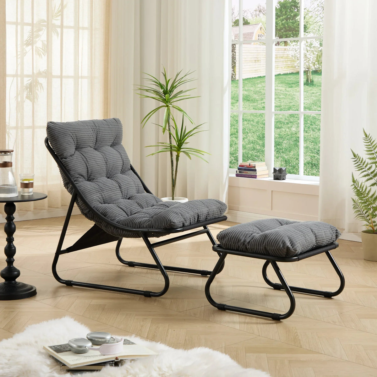 Patio Outdoor Lounge Chair with Ottoman, Comfy Sling Recliner Chair with Puffy Cushion - View 12