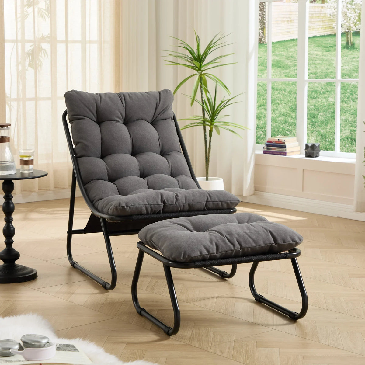 Patio Outdoor Lounge Chair with Ottoman, Comfy Sling Recliner Chair with Puffy Cushion - View 5
