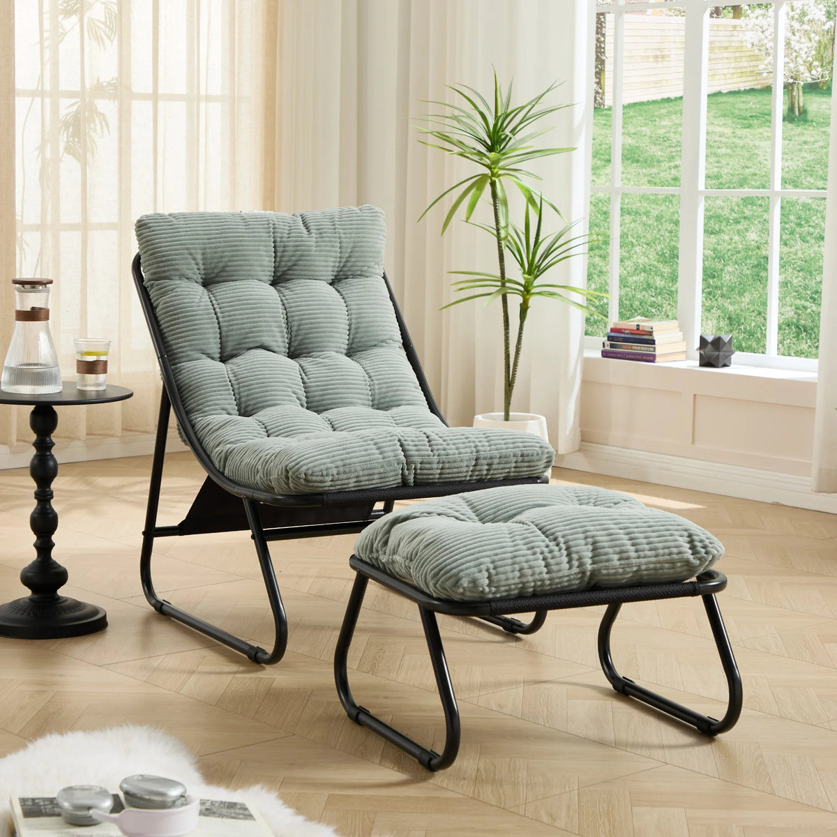 Patio Outdoor Lounge Chair with Ottoman, Comfy Sling Recliner Chair with Puffy Cushion - View 54