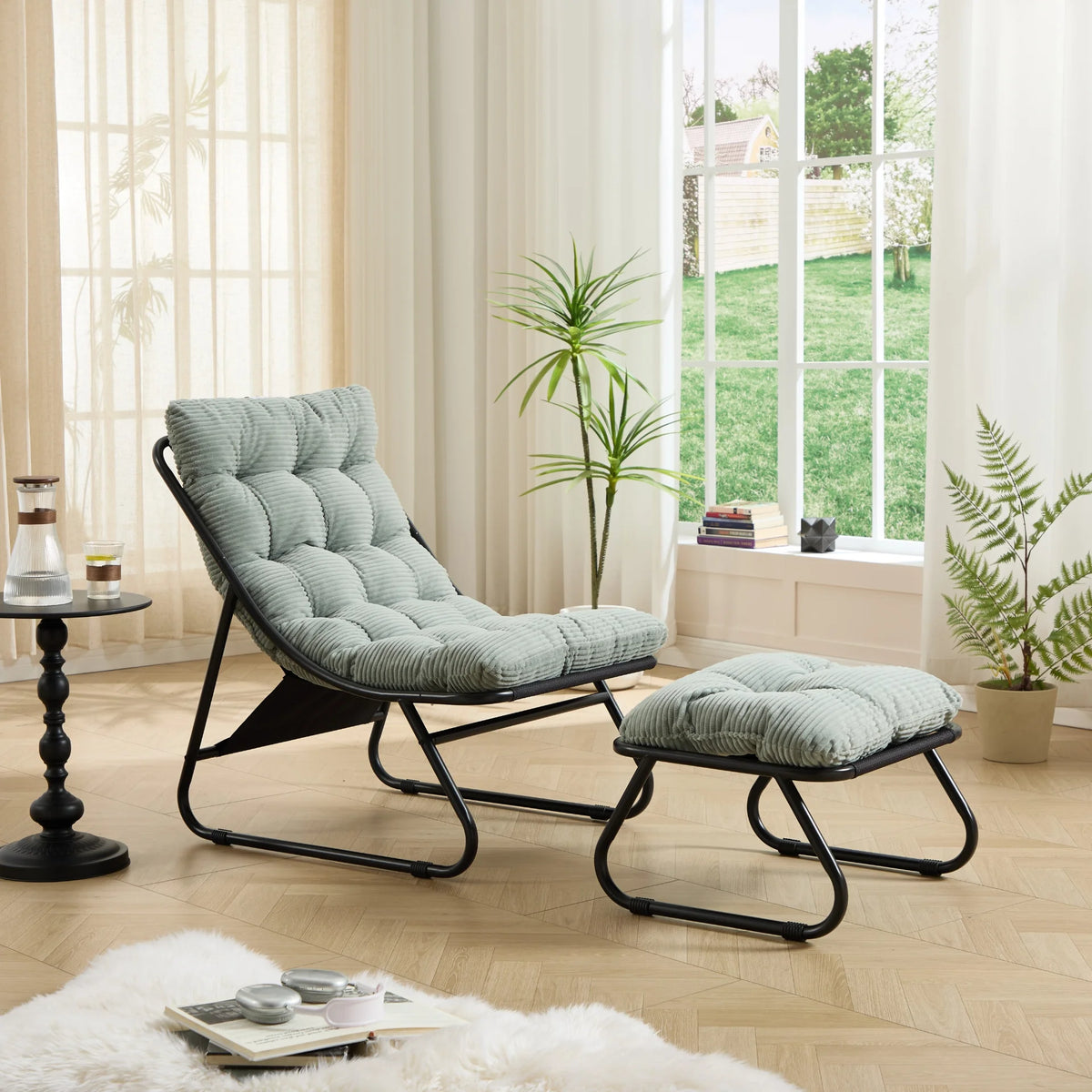 Patio Outdoor Lounge Chair with Ottoman, Comfy Sling Recliner Chair with Puffy Cushion - View 58