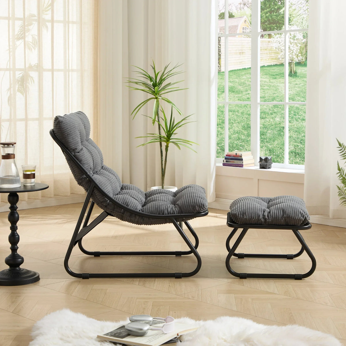 Patio Outdoor Lounge Chair with Ottoman, Comfy Sling Recliner Chair with Puffy Cushion - View 6