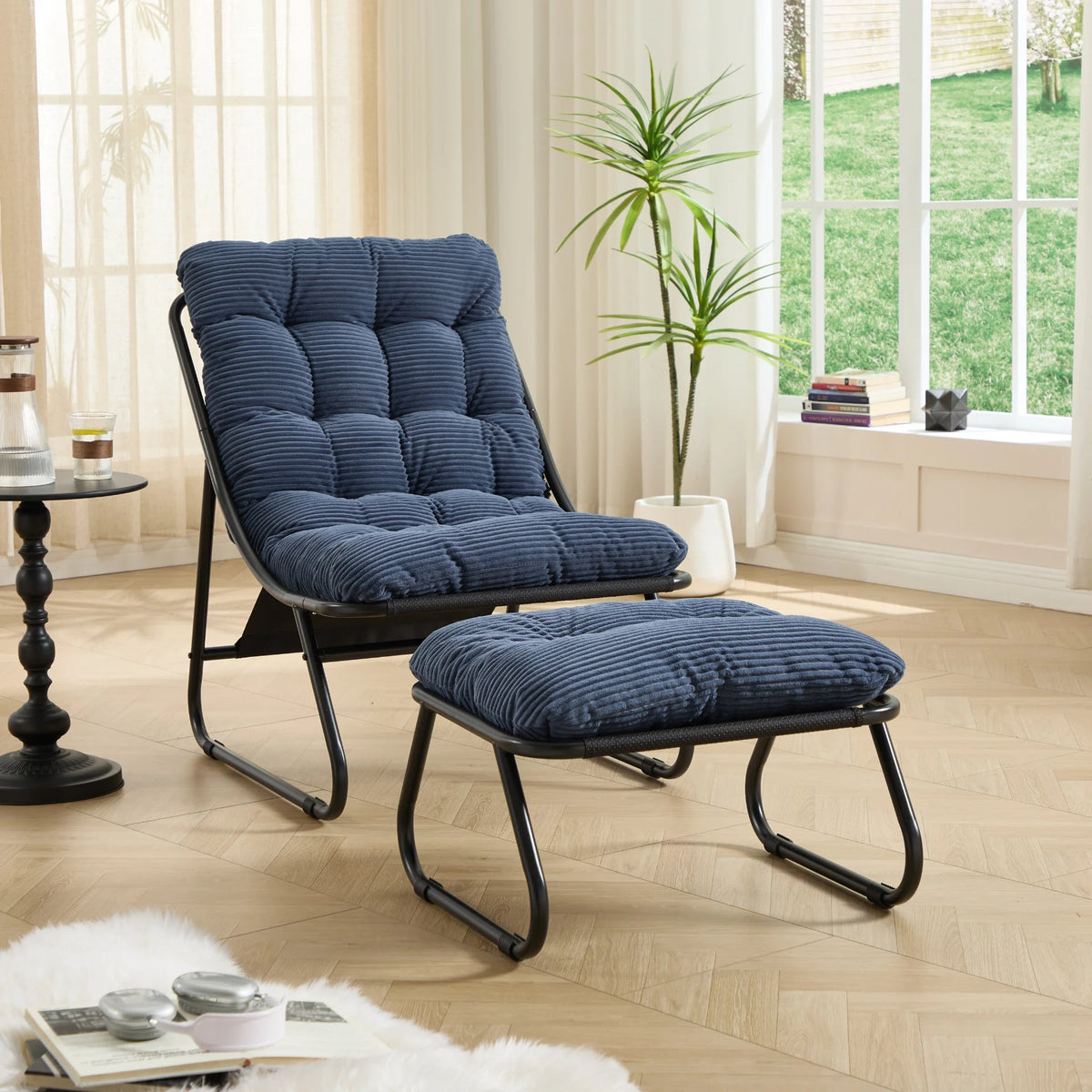 Patio Outdoor Lounge Chair with Ottoman, Comfy Sling Recliner Chair with Puffy Cushion - View 66