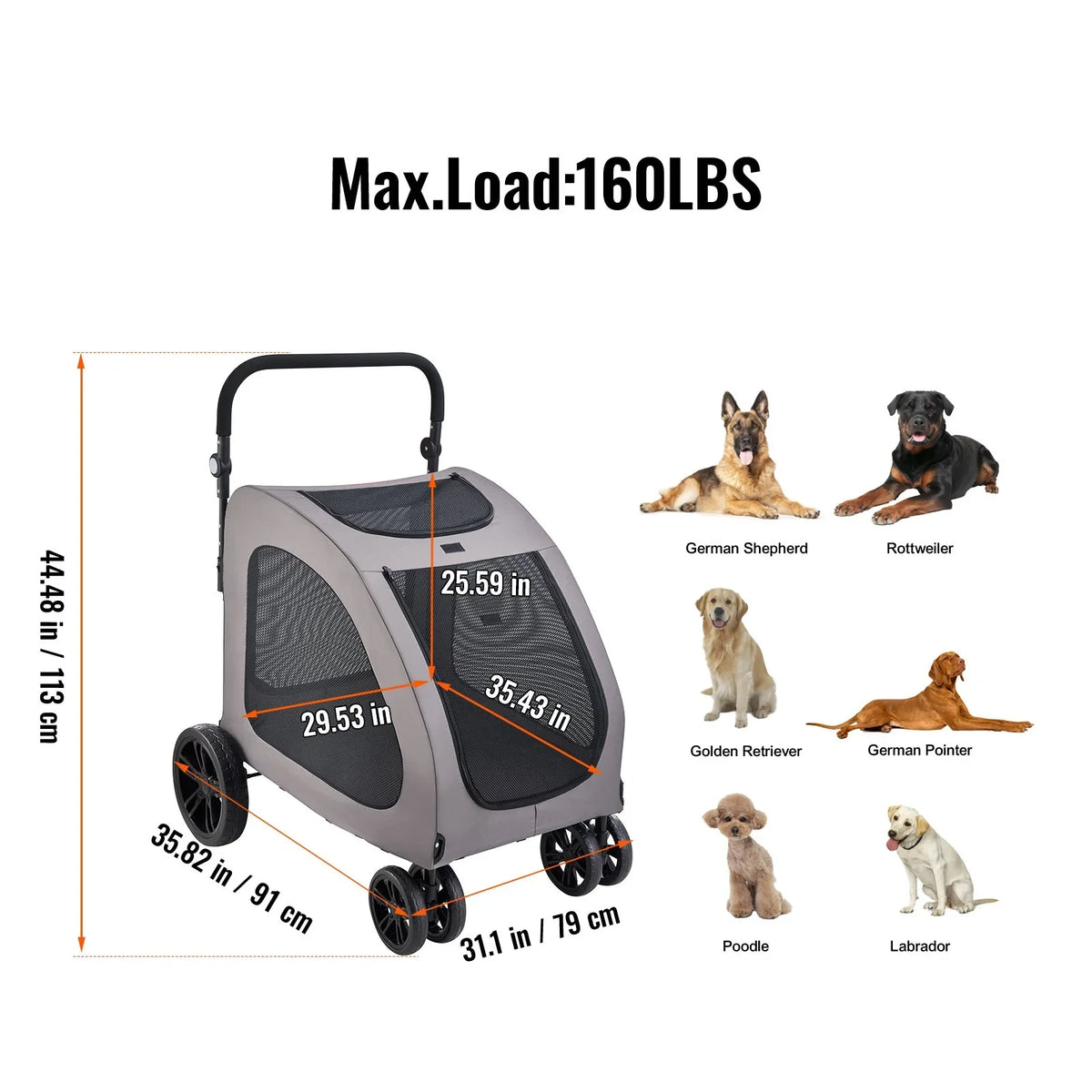 Pet Stroller 4-Wheels Dog Stroller Carrier 160lbs Weight Capacity Portable - View 6